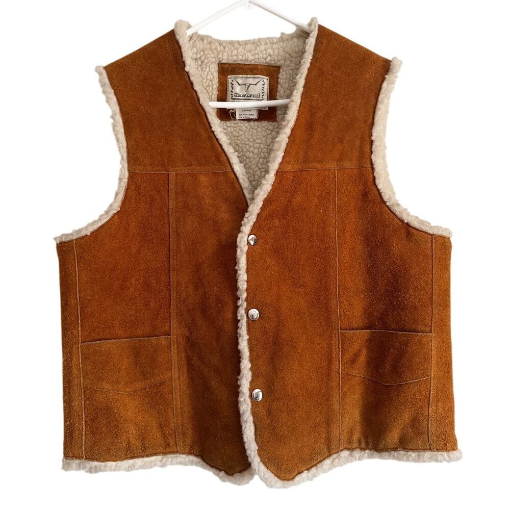 Vintage Suede Vest Steer Brand Sherpa Lined Western Cowboy Retro Outerwear Work